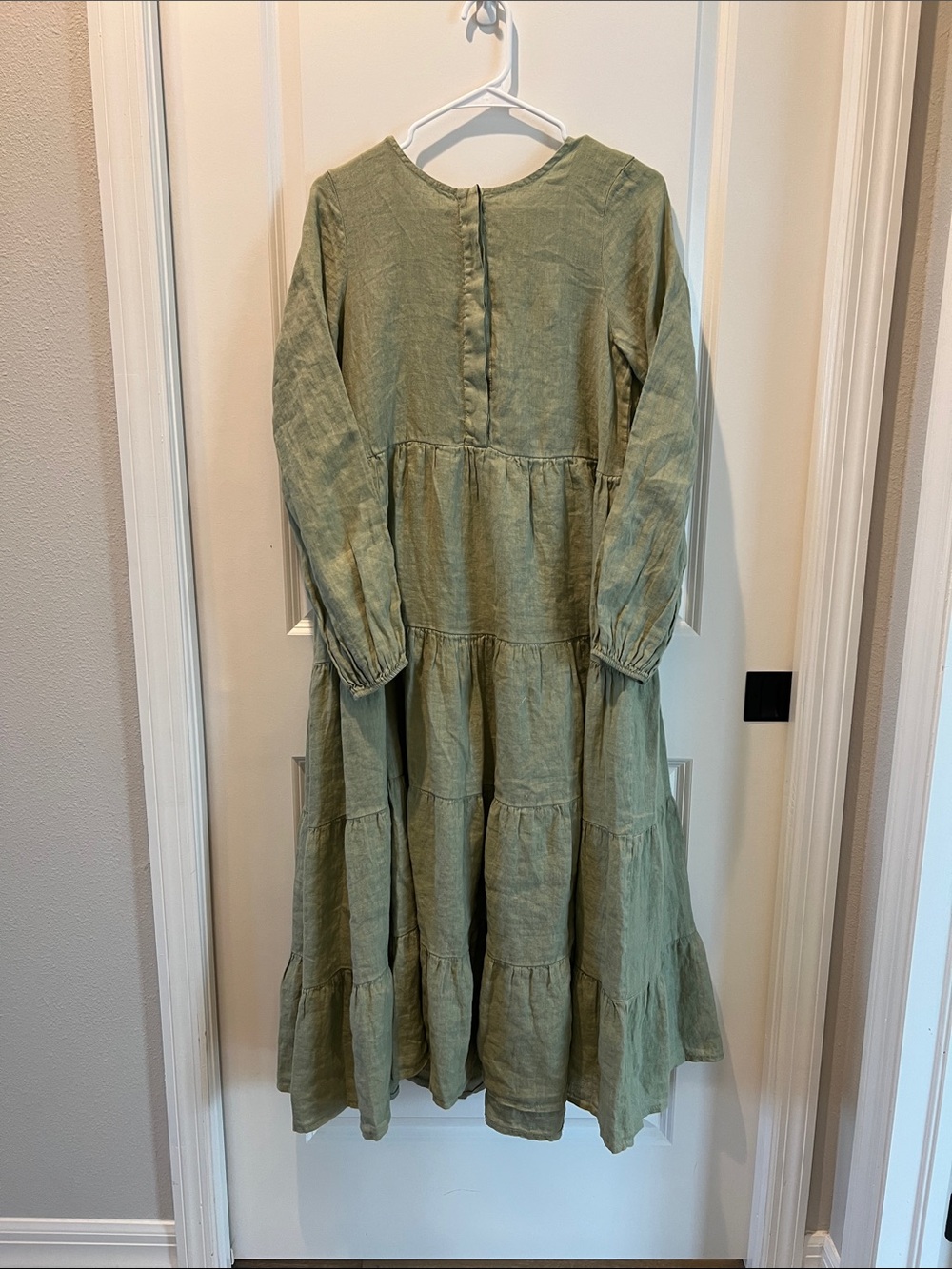 Beechwood Long-Sleeve Tiered Maxi Dress in Sage Green. 100% linen.
